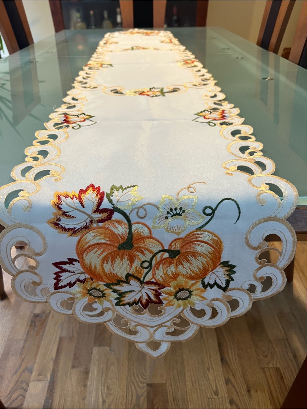 Autumn Pumpkin Embroidered Table Runner - White & Orange 15”x86”